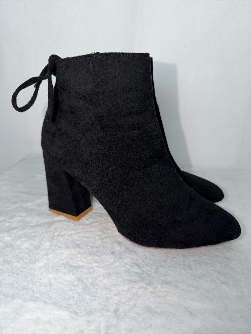 Black Faux Suede Tie Back Block Heel Ankle Boots Size 38 US 7.5 Fall Office Cozy